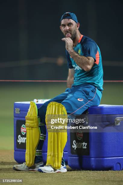 Glenn Maxwell of Australia reacts during an Australian training session at the ICC Men's Cricket World Cup India 2023 at the BRSABVE Cricket Stadium...