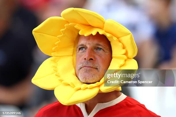 Fan of Wales arrives at the stadium prior to the Rugby World Cup France 2023 Quarter Final match between Wales and Argentina at Stade Velodrome on...