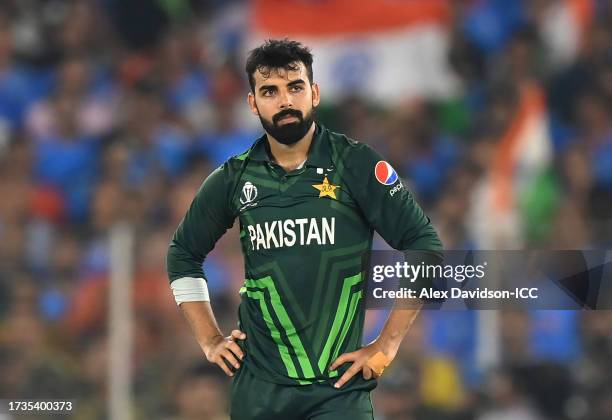 Shadab Khan of Pakistan reacts during the ICC Men's Cricket World Cup India 2023 between India and Pakistan at Narendra Modi Stadium on October 14,...