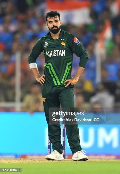 Shadab Khan of Pakistan reacts during the ICC Men's Cricket World Cup India 2023 between India and Pakistan at Narendra Modi Stadium on October 14,...