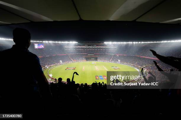 General view inside the stadium during the ICC Men's Cricket World Cup India 2023 between India and Pakistan at Narendra Modi Stadium on October 14,...