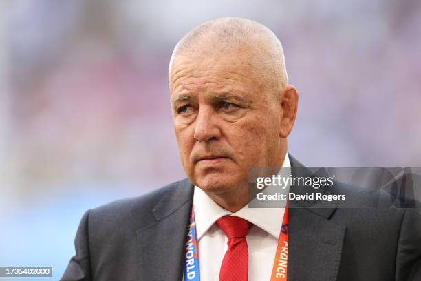 Warren Gatland, Head Coach of Wales, looks on prior to the Rugby World Cup France 2023 Quarter Final match between Wales and Argentina at Stade...