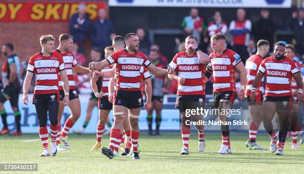 Lewis Ludlow of Gloucester celebrates after Jamal Ford-Robinson scores the winning try during the Gallagher Premiership Rugby match between...