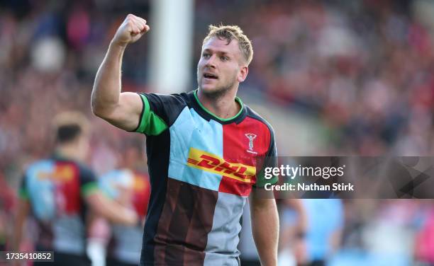Alex Dombrandt of Harlequins celebrates after Luke Northmore of Harlequins scores a try which is then disallowed during the Gallagher Premiership...