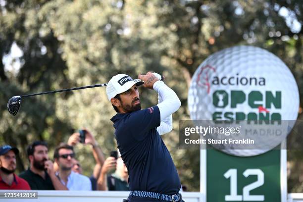 Matthieu Pavon of France tees off on the 12th hole on Day Three of the acciona Open de Espana presented by Madrid at Club de Campo Villa de Madrid on...