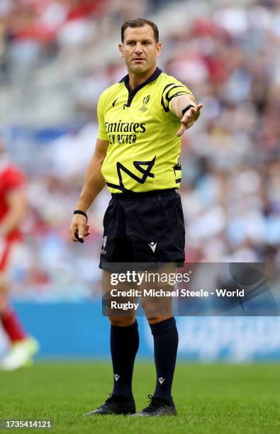 Replacement Referee Karl Dickson gestures during the Rugby World Cup France 2023 Quarter Final match between Wales and Argentina at Stade Velodrome...