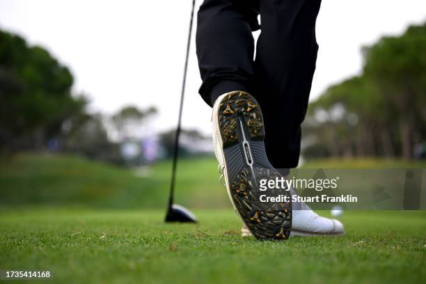 Detail view of the shoes of Mike Lorenzo-Vera of France as he tees off on the 18th hole on Day Three of the acciona Open de Espana presented by...