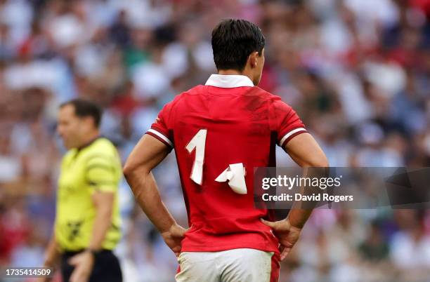 The numbers on the match shirts of Wales appear to fall off during the Rugby World Cup France 2023 Quarter Final match between Wales and Argentina at...