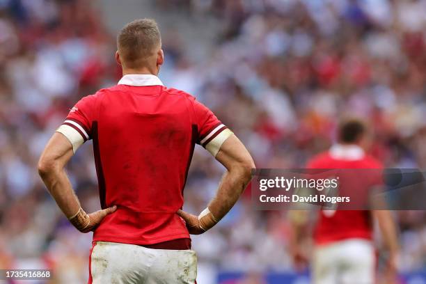 The number on the match shirt of Liam Williams of Wales peels off during the Rugby World Cup France 2023 Quarter Final match between Wales and...