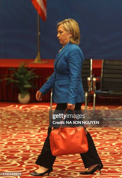 Secretary of State Hillary Clinton arrives to attend the 2nd Lower Mekong - US Ministerial Meeting in Hanoi on July 22, 2010. North Korea condemned...