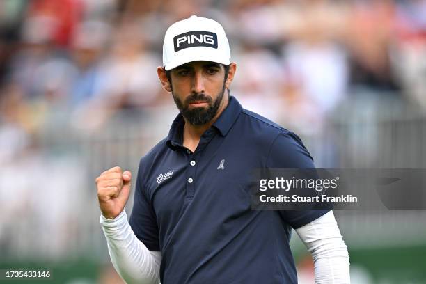 Matthieu Pavon of France reacts on the 18th green on Day Three of the acciona Open de Espana presented by Madrid at Club de Campo Villa de Madrid on...