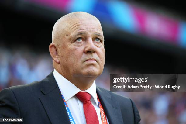 Warren Gatland, Head Coach of Wales, looks on during the Rugby World Cup France 2023 Quarter Final match between Wales and Argentina at Stade...