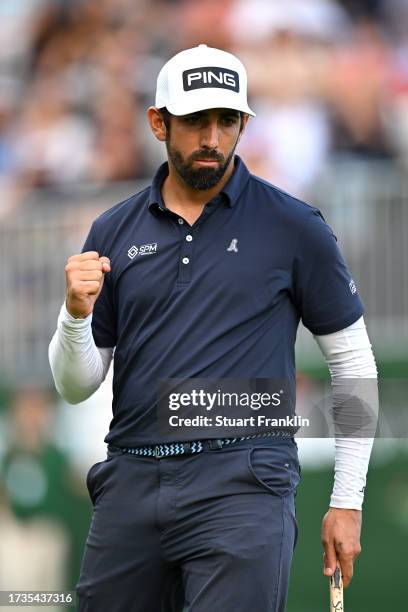 Matthieu Pavon of France reacts on the 18th green on Day Three of the acciona Open de Espana presented by Madrid at Club de Campo Villa de Madrid on...