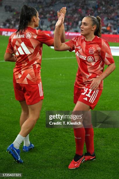 Georgia Stanway of Bayern Munich reacts during the warm up prior to the Google Pixel Frauen-Bundesliga match between FC Bayern München and Eintracht...