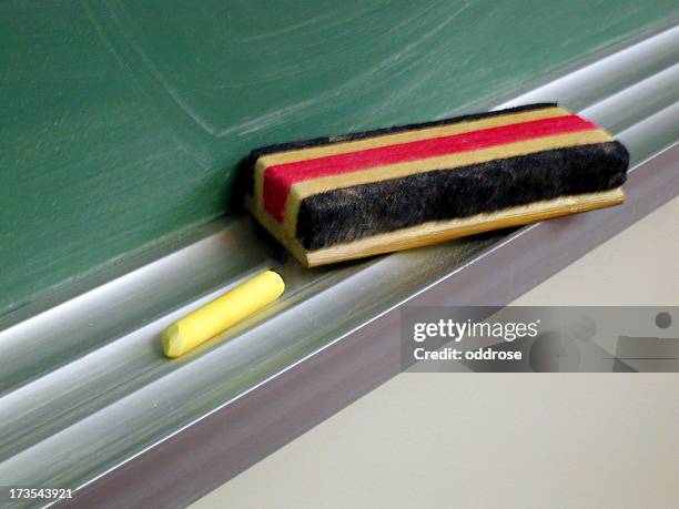 chalk and brush resting on black board - chalkboard eraser stock pictures, royalty-free photos & images