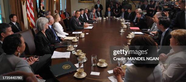 President Barack Obama speaks following a cabinet meeting June 22, 2010 in the Cabinet Room of the White House in Washington, DC. Obama said that...