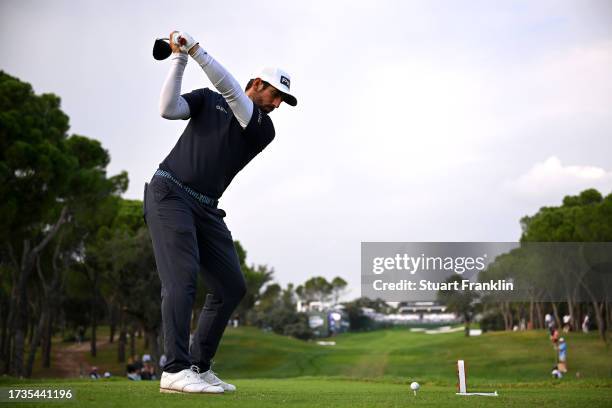 Matthieu Pavon of France tees off on the 18th hole on Day Three of the acciona Open de Espana presented by Madrid at Club de Campo Villa de Madrid on...