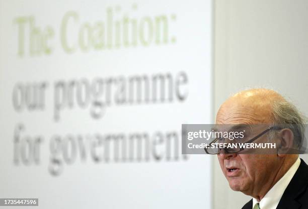 Britain's Business Secretary Vince Cable speaks during the launch of the Government Programme Coalition Agreement document in central London on May...