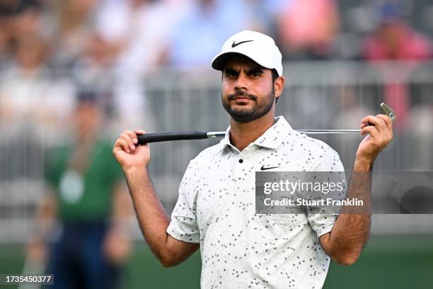 Shubhankar Sharma of India reacts on the 18th green on Day Three of the acciona Open de Espana presented by Madrid at Club de Campo Villa de Madrid...