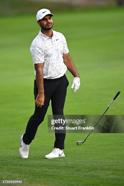 Shubhankar Sharma of India reacts after playing a shot on the 16th hole on Day Three of the acciona Open de Espana presented by Madrid at Club de...