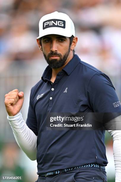 Matthieu Pavon of France reacts on the 18th green on Day Three of the acciona Open de Espana presented by Madrid at Club de Campo Villa de Madrid on...