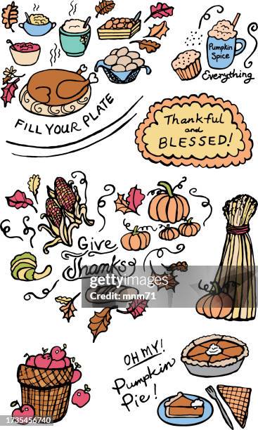 hand-drawn doodles of thanksgiving holiday - apple orchard stock illustrations