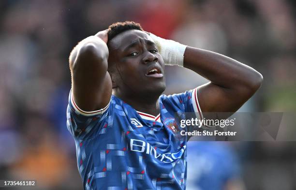 Carlisle player Terry Ablade reacts after a near miss during the Sky Bet League One match between Carlisle United and Leyton Orient at Brunton Park...