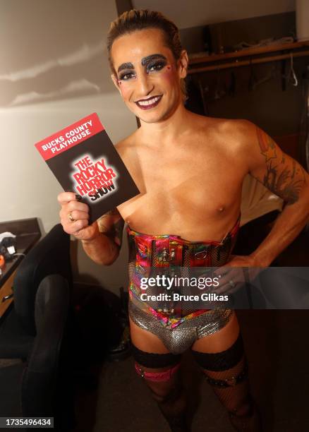 Frankie Grande as "Frank-N-Furter" prepares backstage on opening night of "The Rocky Horror Show" at The Bucks County Playhouse on October 13, 2023...