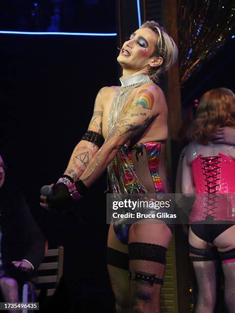 Frankie Grande as "Frank-N-Furter" during the opening night curtain call for "The Rocky Horror Show" at The Bucks County Playhouse on October 13,...