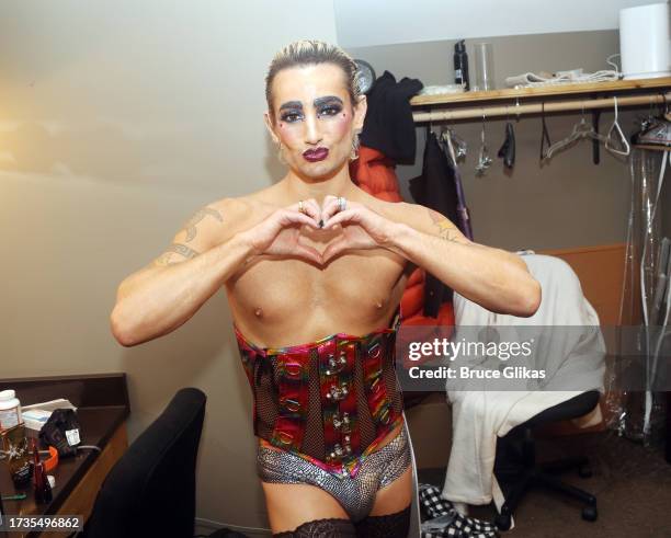 Frankie Grande as "Frank-N-Furter" prepares backstage on opening night of "The Rocky Horror Show" at The Bucks County Playhouse on October 13, 2023...