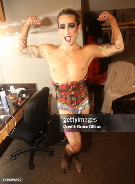 Frankie Grande as "Frank-N-Furter" prepares backstage on opening night of "The Rocky Horror Show" at The Bucks County Playhouse on October 13, 2023...