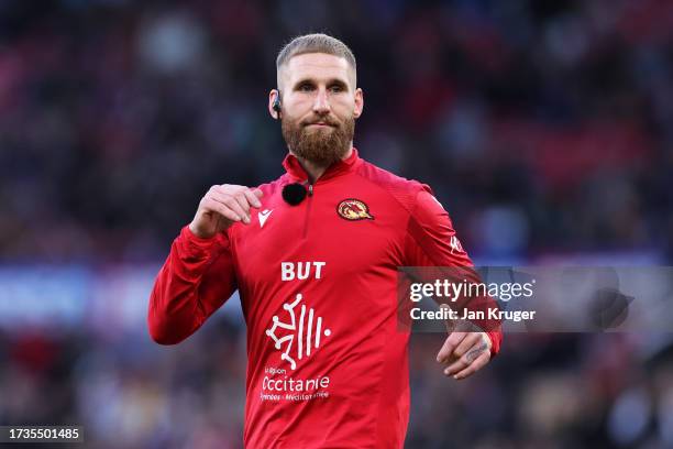 Sam Tomkins of Catalans Dragons looks on during the warm up prior to the Betfred Super League Final match between Wigan Warriors v Catalans Dragons...
