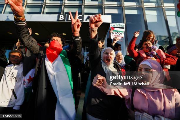 Supporters of Palestine demonstrate outside of BBC Scotland to condemn the recent fighting in Gaza on October 14, 2023 in Glasgow, United Kingdom....