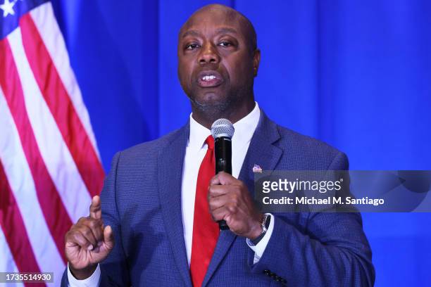 Republican presidential candidate U.S. Sen. Tim Scott speaks during the 2023 First in the Nation Leadership Summit on October 14, 2023 in Nashua, New...