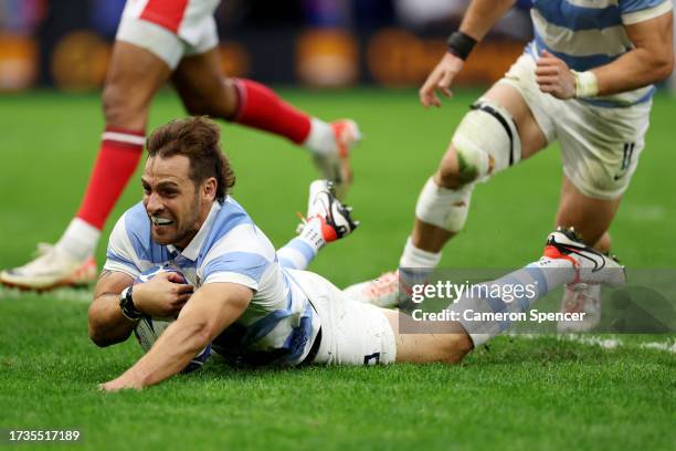 Nicolas Sanchez of Argentina scores his team's second try during the Rugby World Cup France 2023 Quarter Final match between Wales and Argentina at...