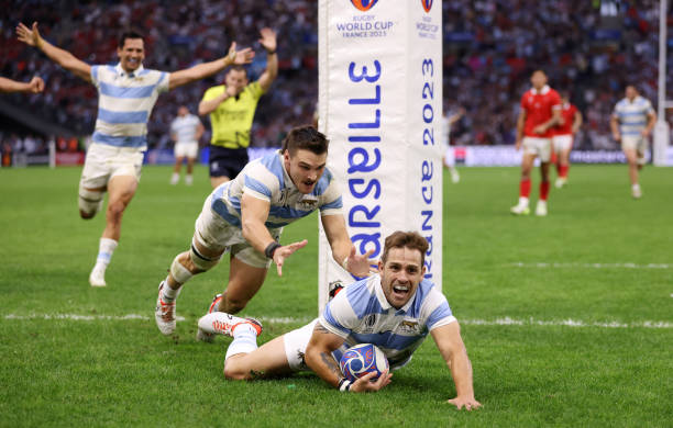 Nicolas Sanchez of Argentina celebrates scoring the team's second try during the Rugby World Cup France 2023 Quarter Final match between Wales and...