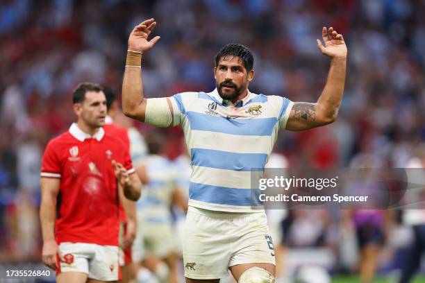 Rodrigo Bruni of Argentina celebrates at full-time following the Rugby World Cup France 2023 Quarter Final match between Wales and Argentina at Stade...