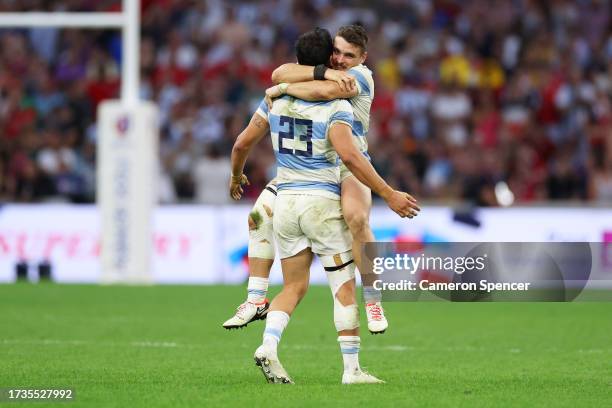 Matias Moroni and Mateo Carreras of Argentina celebrate victory at full-time following the Rugby World Cup France 2023 Quarter Final match between...