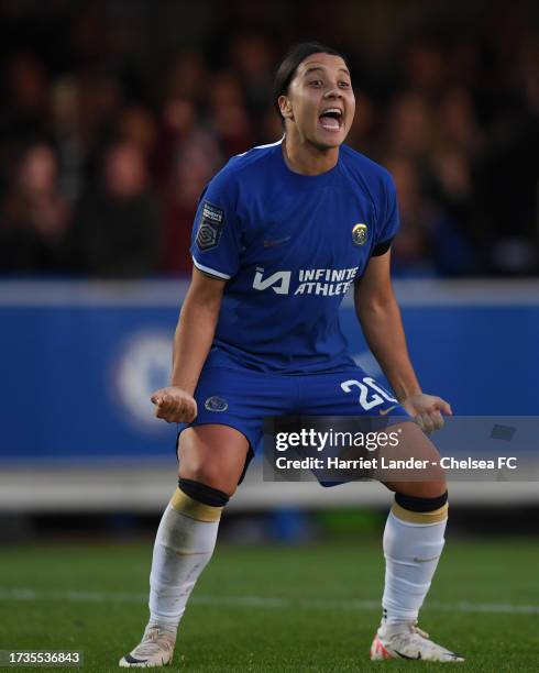 Sam Kerr of Chelsea celebrates after scoring her team's first goal during the Barclays Women´s Super League match between Chelsea FC and West Ham...