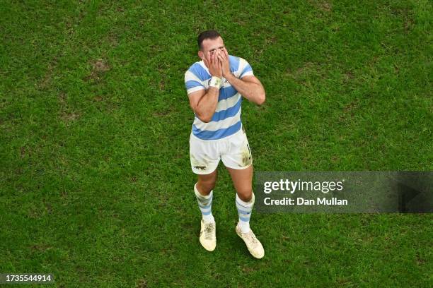 Emiliano Boffelli of Argentina celebrates following the team's victory during the Rugby World Cup France 2023 Quarter Final match between Wales and...