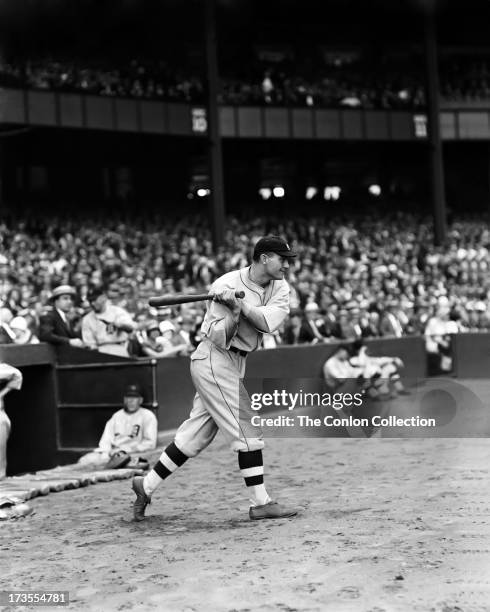 Henry E. Manush of the Detroit Tigers swinging a bat in 1924.