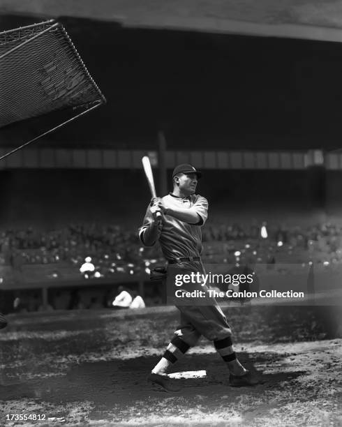 Henry E. Manush of the Detroit Tigers swinging a bat in 1924.