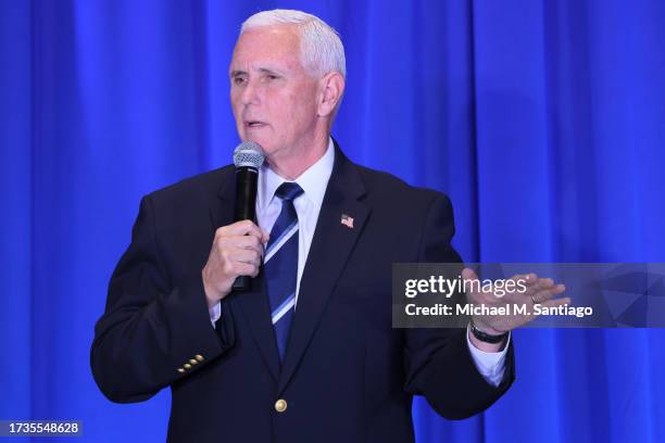 Republican presidential candidate former U.S. Vice President Mike Pence speaks during the 2023 First in the Nation Leadership Summit on October 14,...