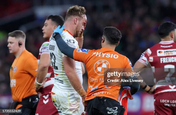 Paul Séguier of Catalans Dragons receives medical attention during the Betfred Super League Final match between Wigan Warriors v Catalans Dragons at...