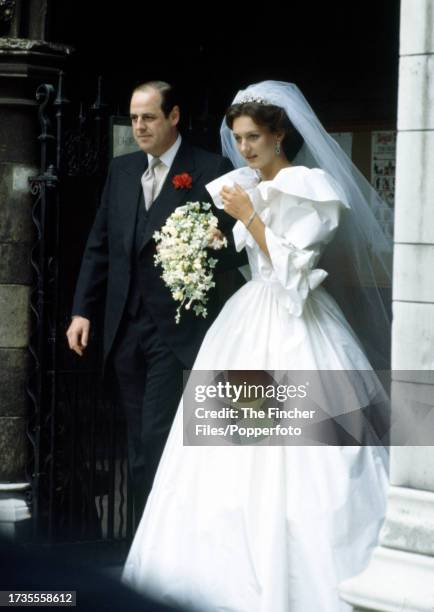 Bride and groom Nicholas Soames and Catherine Weatherall on their wedding day at St Margaret's Church, Westminster, London, on 4th June 1981.