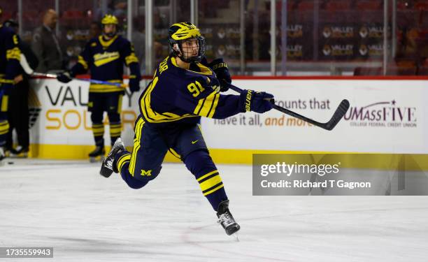 Frank Nazar III of the Michigan Wolverines warms up before a game against the Massachusetts Minutemen during NCAA men's hockey at the Mullins Center...