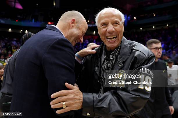 Lenny Wilkens, former Seattle Sonics head coach greets others before the Rain City Showcase in a preseason NBA game between the LA Clippers and the...