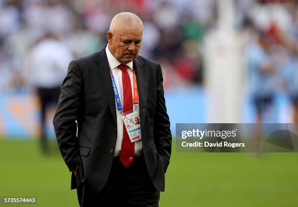 Warren Gatland, Head Coach of Wales, looks dejected at full-time following his team's loss after the Rugby World Cup France 2023 Quarter Final match...