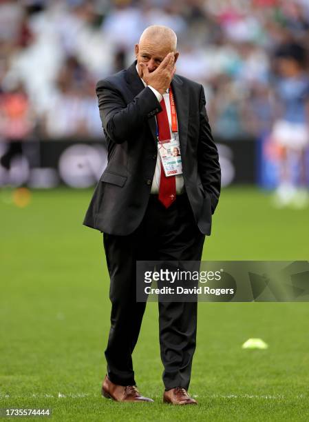 Warren Gatland, Head Coach of Wales, looks dejected at full-time following his team's loss after the Rugby World Cup France 2023 Quarter Final match...