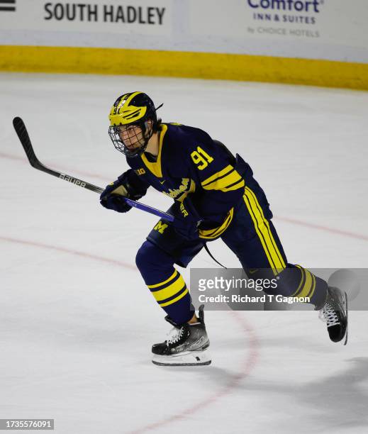 Frank Nazar III of the Michigan Wolverines skates against the Massachusetts Minutemen during the third period during NCAA men's hockey at the Mullins...